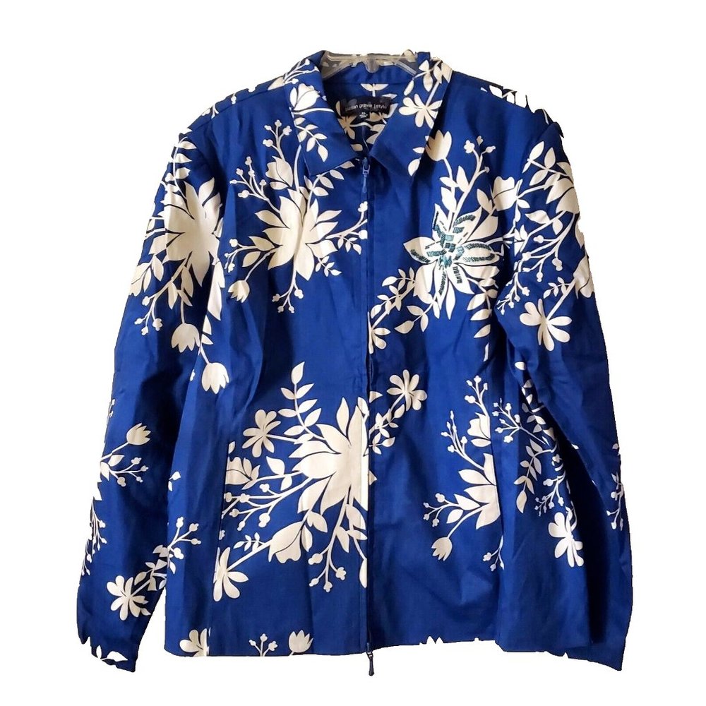 SUSAN GRAVER WOMENS LINED FLORAL BLUE WHITE ZIP BLAZER GLASS EMBROIDERY XL NWOT